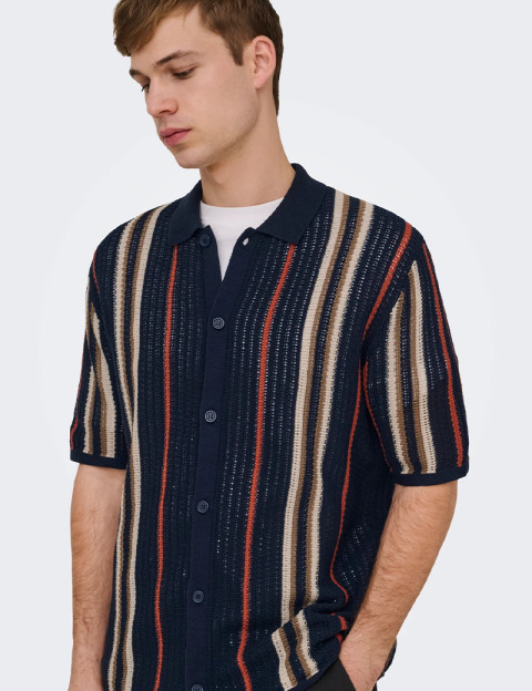 Only & Sons Chemise Homme en Maille Rayé Leon Marine - 3