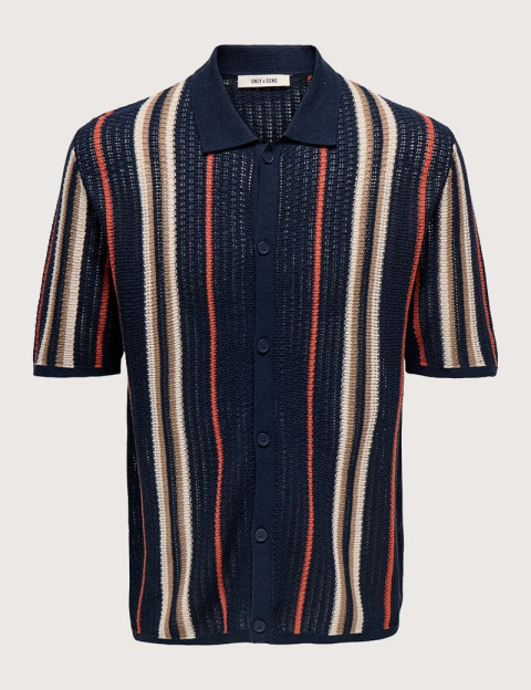 Only & Sons Chemise Homme en Maille Rayé Leon Marine