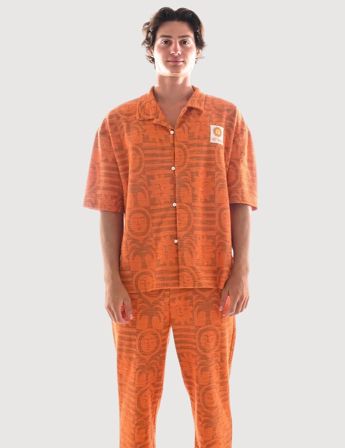 Natif Chemise Homme Manches Courtes Jacquard Sunny Bloom Orange