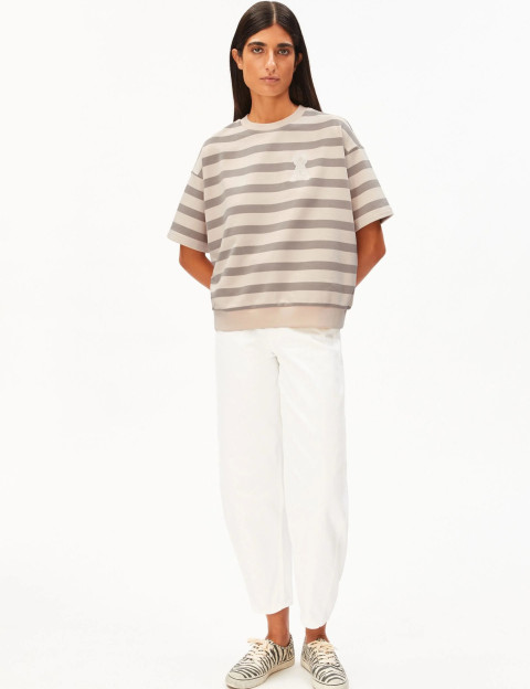 Armed Angels Sweat Femme Manches Courtes Bamikaa Beige Rayé Gris - 3