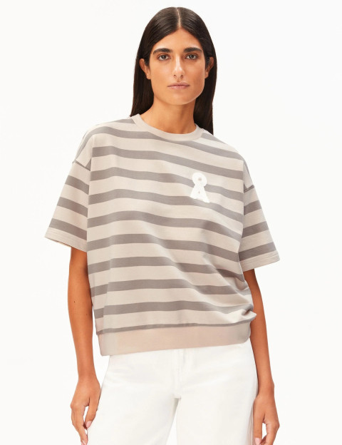 Armed Angels Sweat Femme Manches Courtes Bamikaa Beige Rayé Gris - 4
