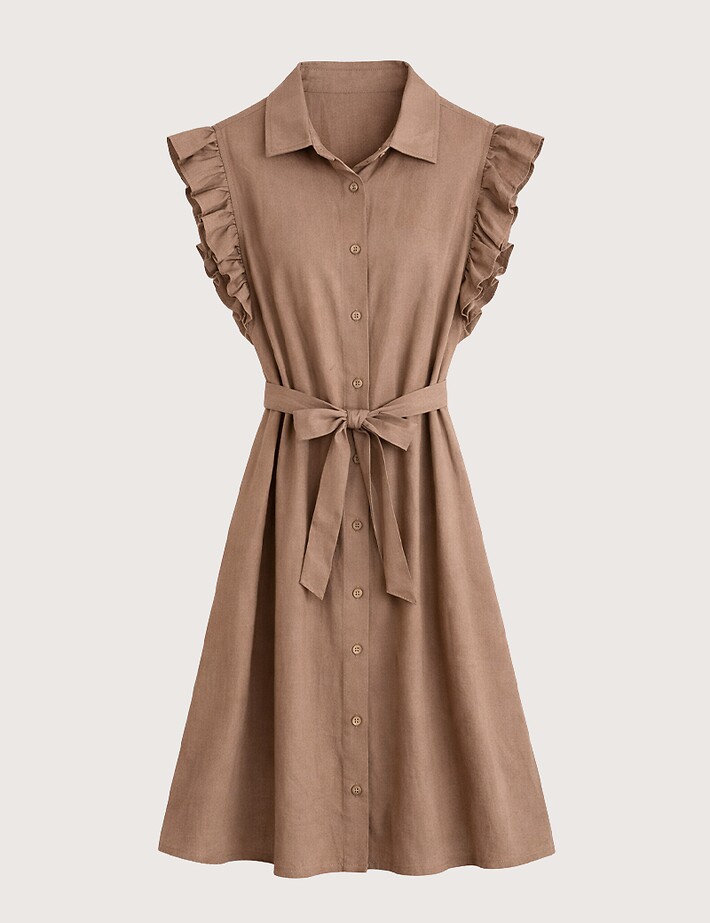 ZEN Robe Chemise Manches Volants Camel