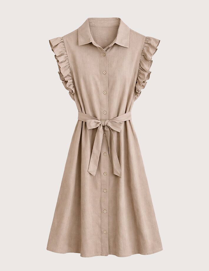ZEN Robe Chemise Manches Volants Taupe