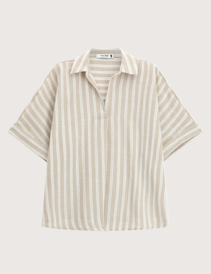 PLEASE Chemise Femme Manches Courtes Rayée Beige