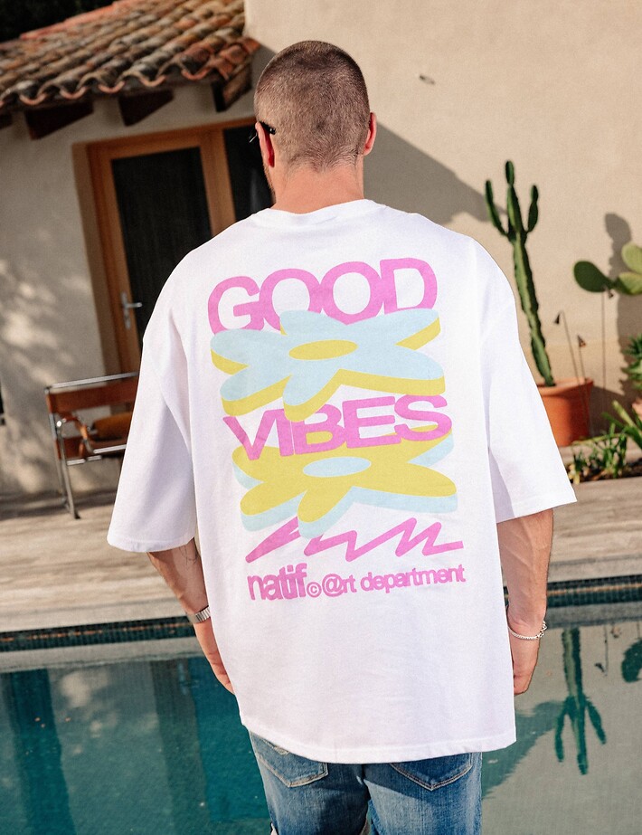 Natif T-Shirt Unisexe Loose Good Vibes Art Blanc - 4