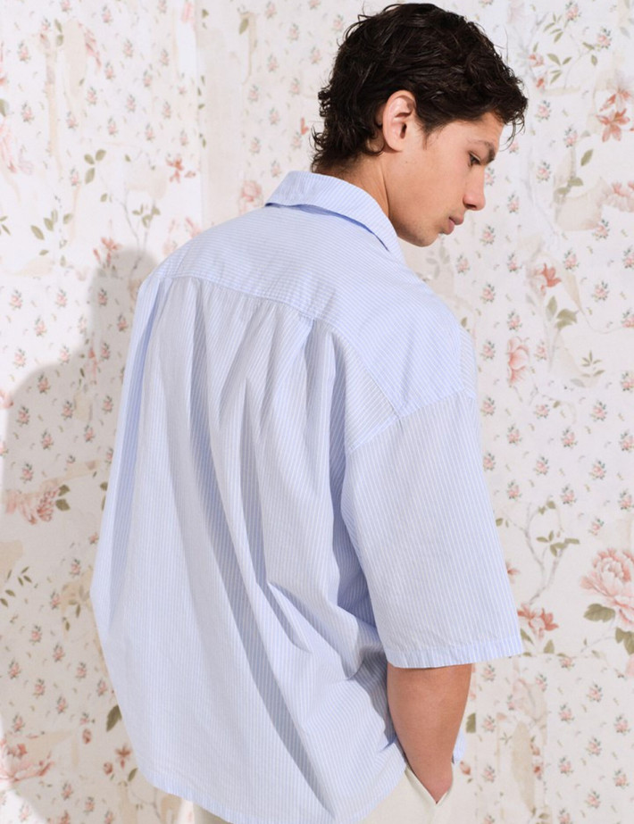 American Vintage Chemise Homme Manches Courtes Eluabird Bleu Rayures - 3