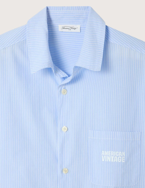 American Vintage Chemise Homme Manches Courtes Eluabird Bleu Rayures - 7
