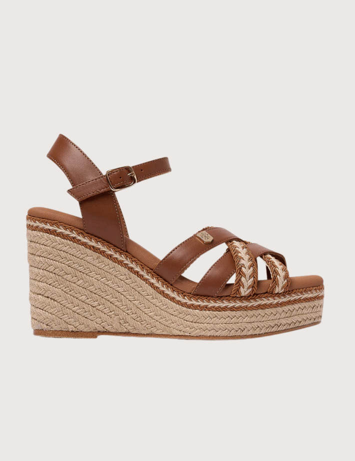 Popa Sandales Compensées Guios Cuir et Tressées Marron
