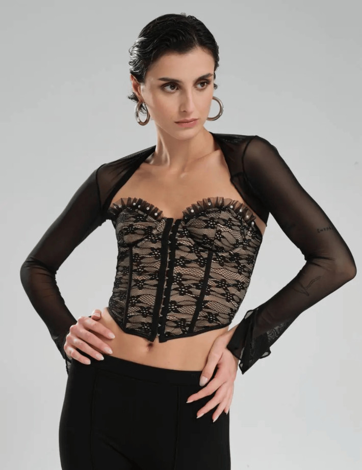 TW3 Top Corset Beige Dentelle Noir à Strass - 3