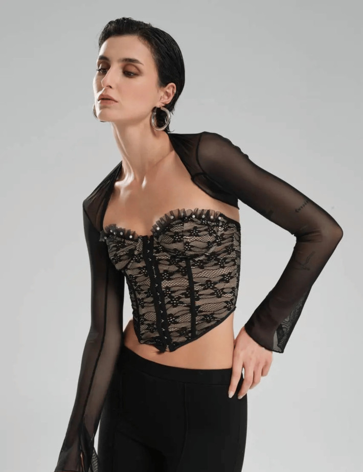 TW3 Top Corset Beige Dentelle Noir à Strass - 4