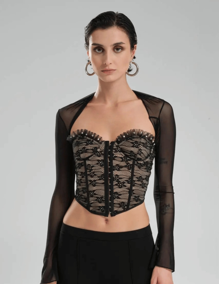TW3 Top Corset Beige Dentelle Noir à Strass