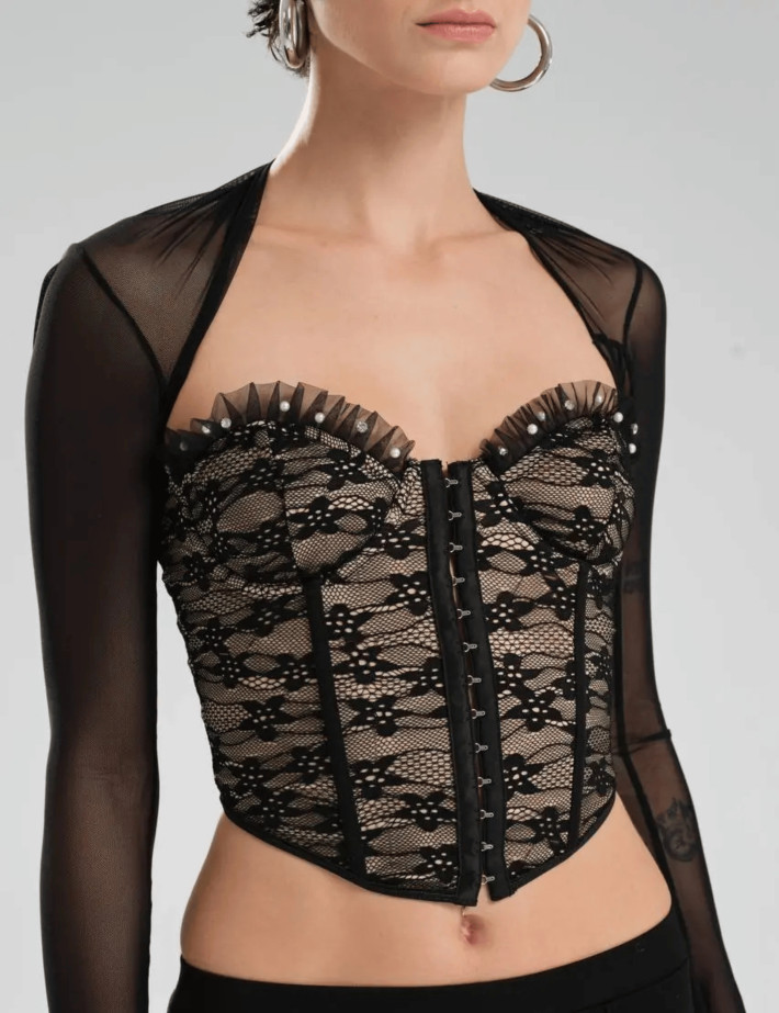 TW3 Top Corset Beige Dentelle Noir à Strass - 5