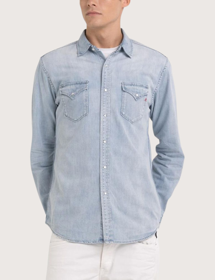 REPLAY Chemise Homme Denim Pressions Bleu Clair - 3