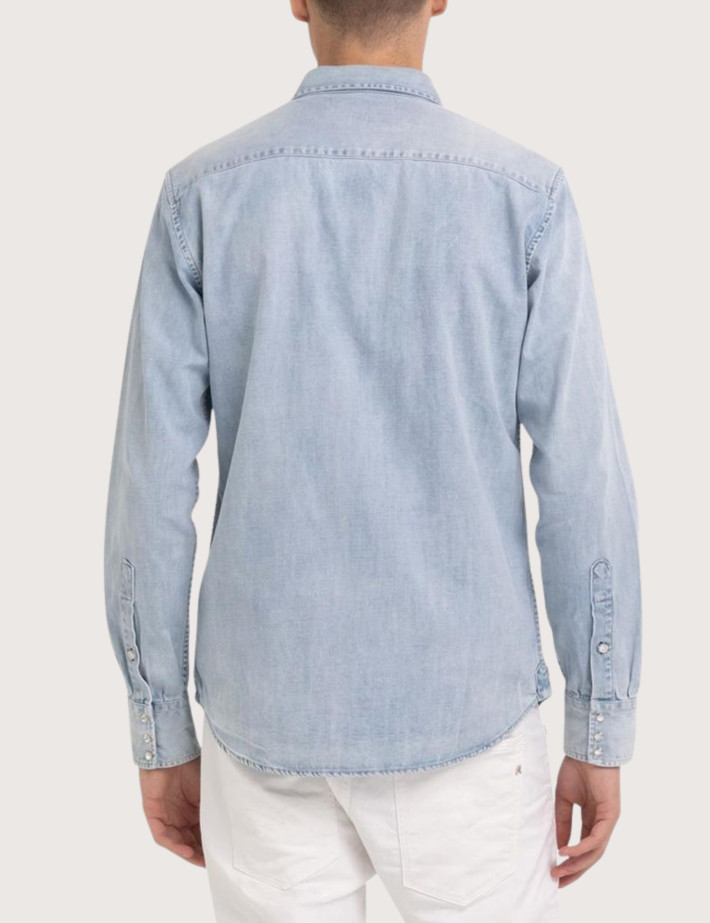 REPLAY Chemise Homme Denim Pressions Bleu Clair - 4