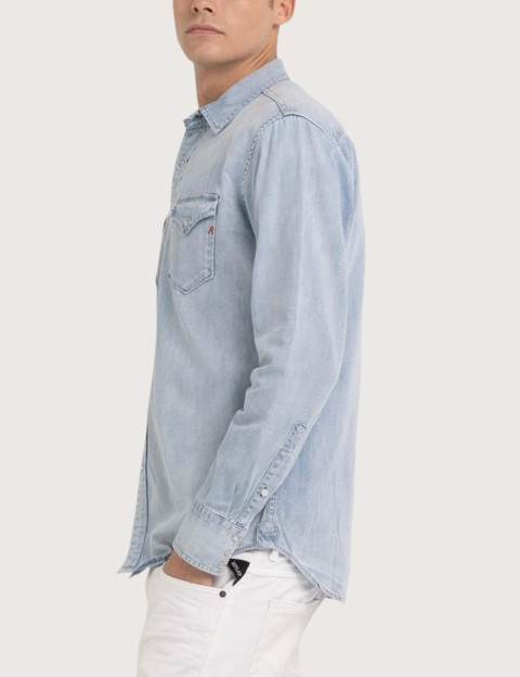 REPLAY Chemise Homme Denim Pressions Bleu Clair - 5