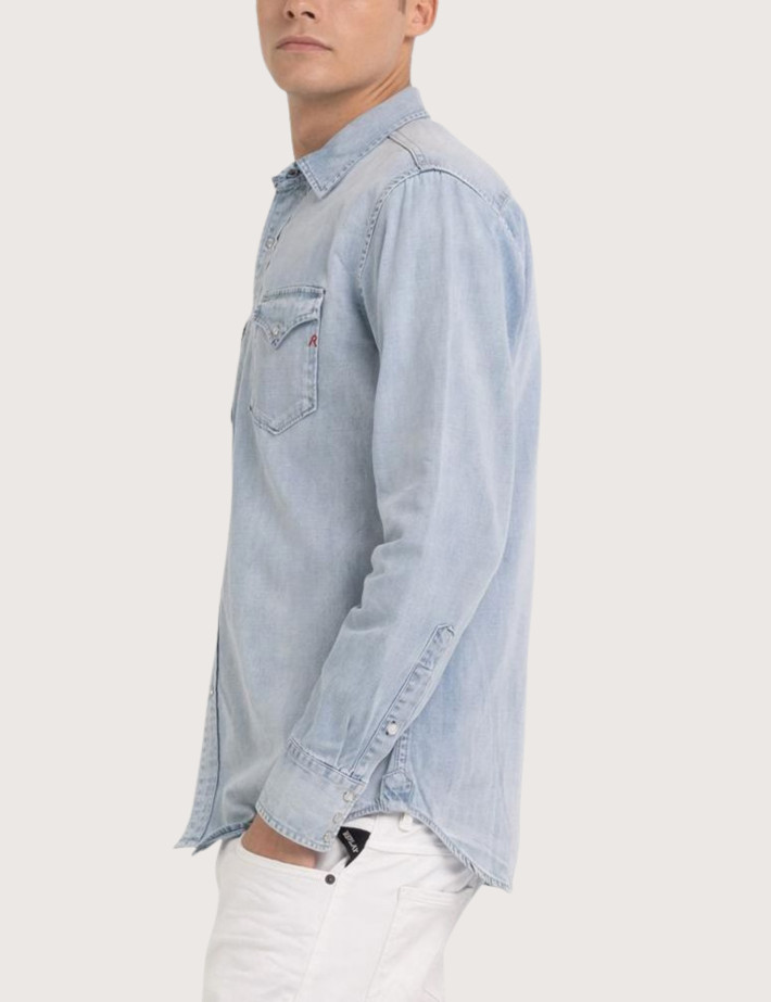 REPLAY Chemise Homme Denim Pressions Bleu Clair - 5