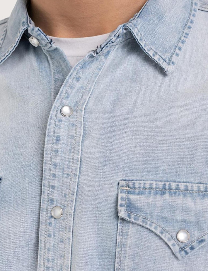 REPLAY Chemise Homme Denim Pressions Bleu Clair - 6