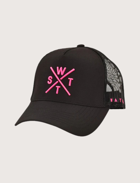 WATTS Casquette Trucker Tribe Noir Logo Rose Fluo