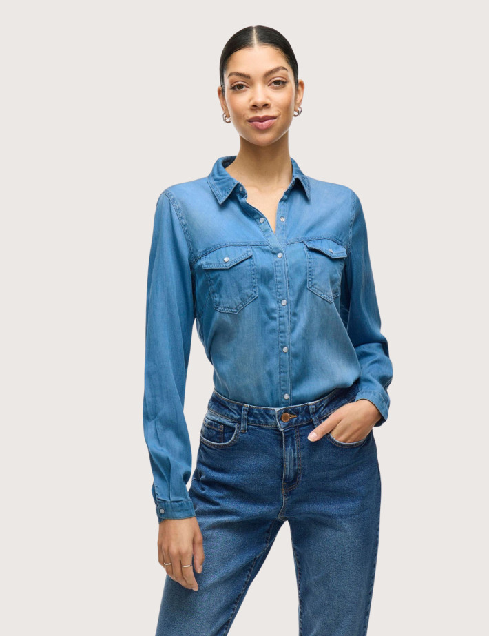 Vila Chemise Manches Longues Femme en Lyocell Medium Blue Denim - 2