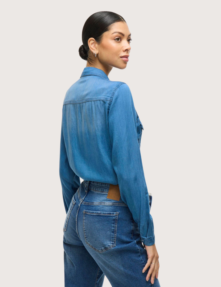 Vila Chemise Manches Longues Femme en Lyocell Medium Blue Denim - 3