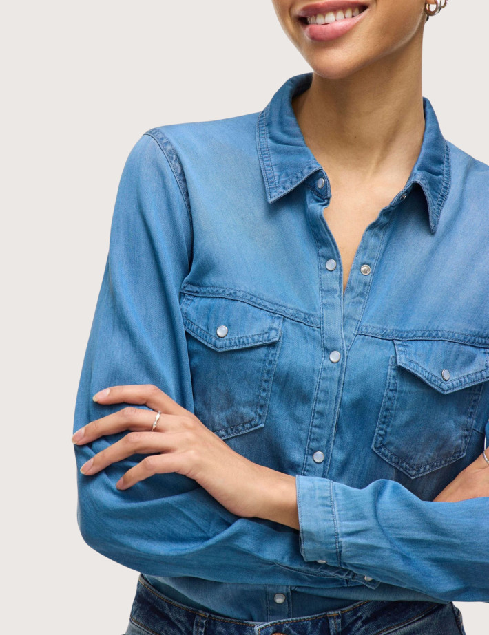 Vila Chemise Manches Longues Femme en Lyocell Medium Blue Denim - 4