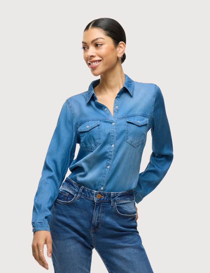 Vila Chemise Manches Longues Femme en Lyocell Medium Blue Denim - 5