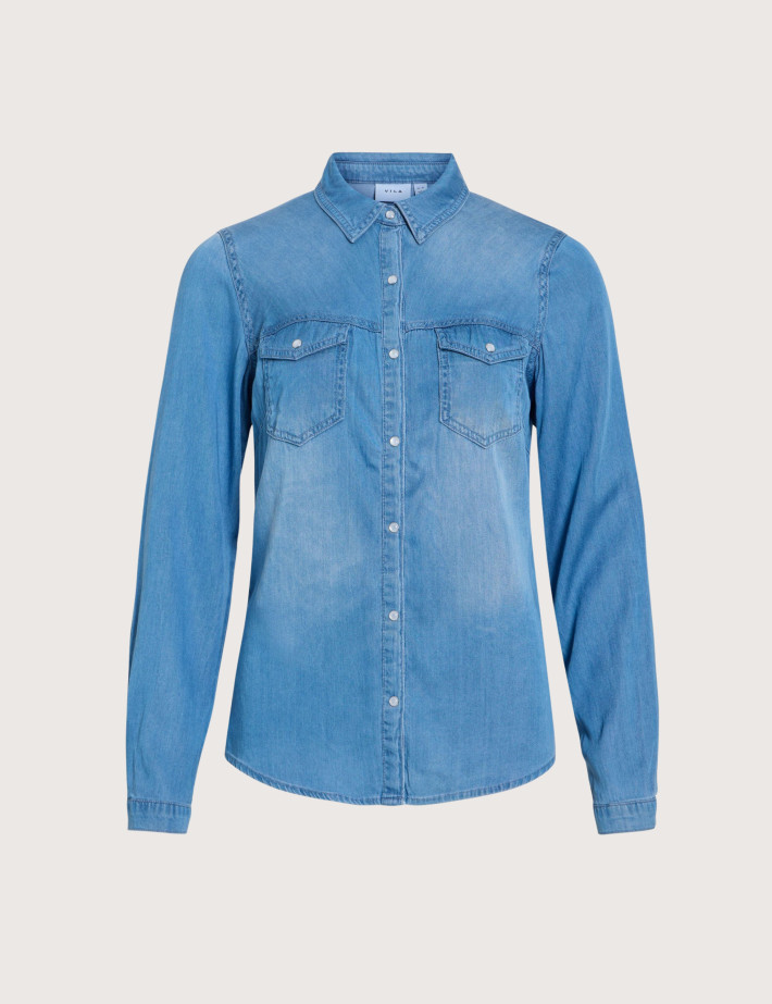 Vila Chemise Manches Longues Femme en Lyocell Medium Blue Denim