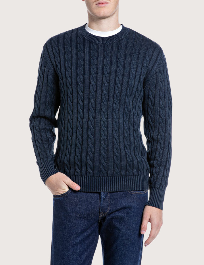 REPLAY Pull Homme en Maille Torsadée Marine C07W