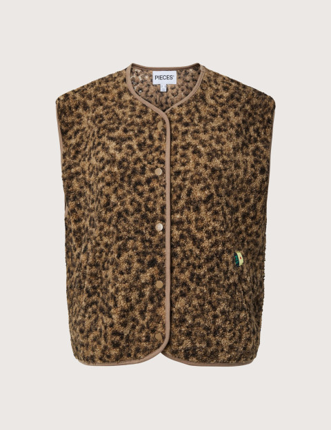 PIECES Gilet Femme Sans Manches Katty Teddy Noos Taupe Léopard