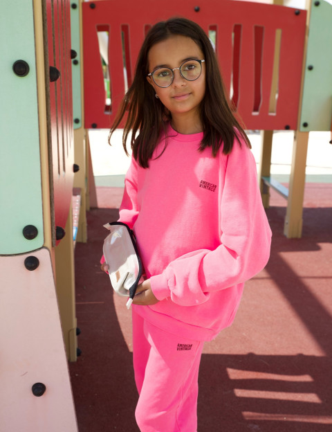American Vintage Sweat Enfant Col Rond Izubird Rose Fluo - 10