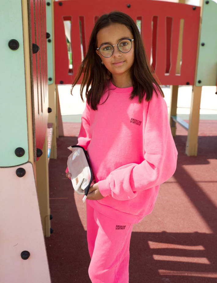 American Vintage Sweat Enfant Col Rond Izubird Rose Fluo - 10