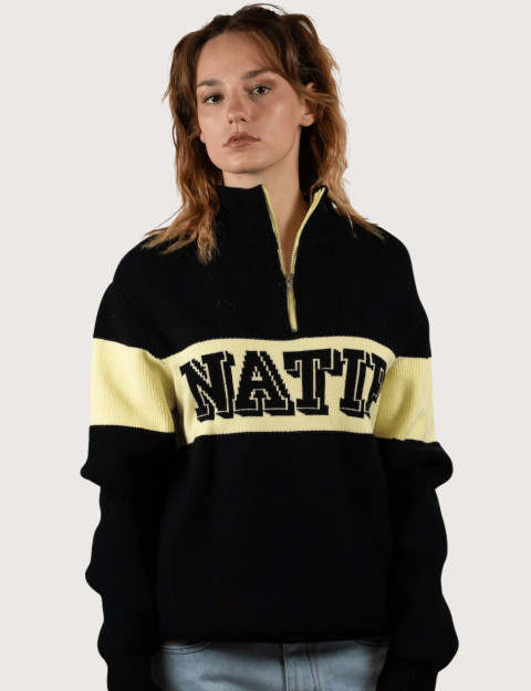 Natif Pull Femme Col Zip Camionneur Noir Jaune