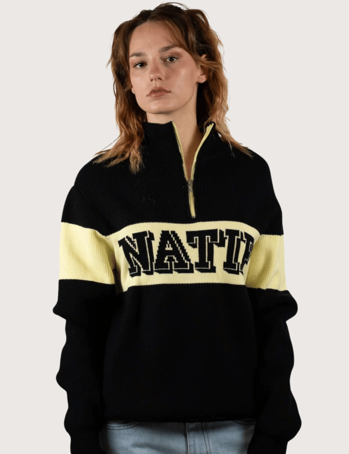 Natif Pull Femme Col Zip Camionneur Noir Jaune