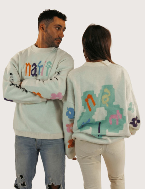 Natif Pull Unisexe en Maille Motif Snow Multicolor Pixel Flower Bleu Ciel