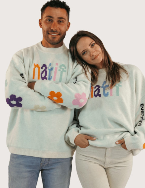 Natif Pull Unisexe en Maille Motif Snow Multicolor Pixel Flower Bleu Ciel - 2