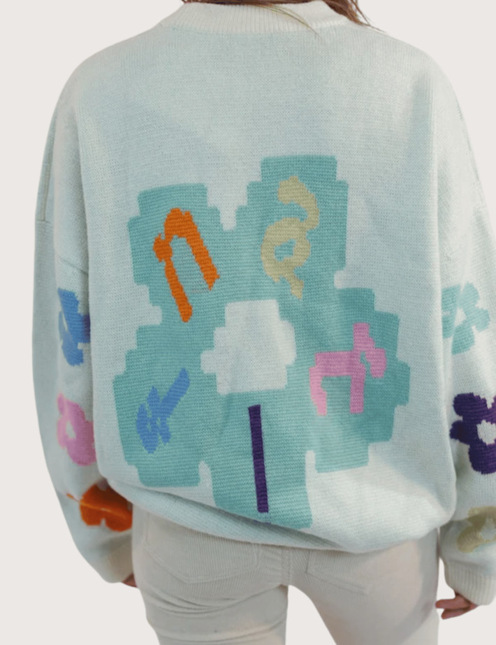 Natif Pull Unisexe en Maille Motif Snow Multicolor Pixel Flower Bleu Ciel - 4
