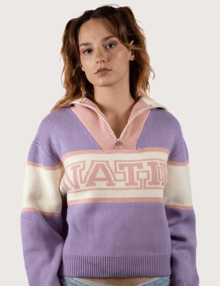 Natif Pull Femme Col Zip Camionneur Violet Rose