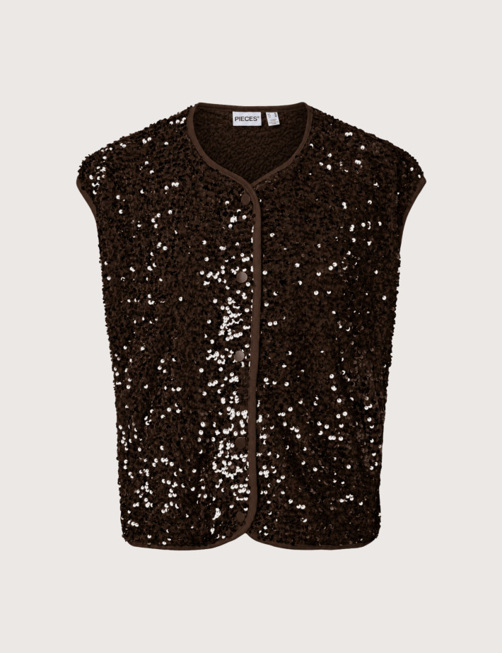 PIECES Veste Sans Manches Femme à Sequins Kammy Marron