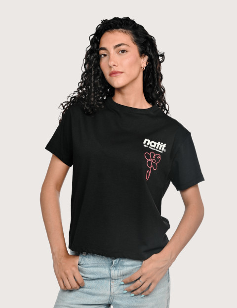 Natif T-Shirt Femme Manches Courtes Flower Art Noir