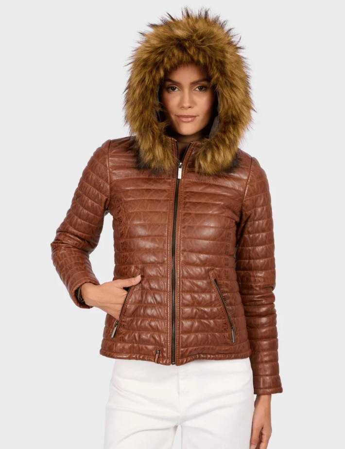 OAKWOOD Doudoune en Cuir Femme Fourrure Mandy Camel