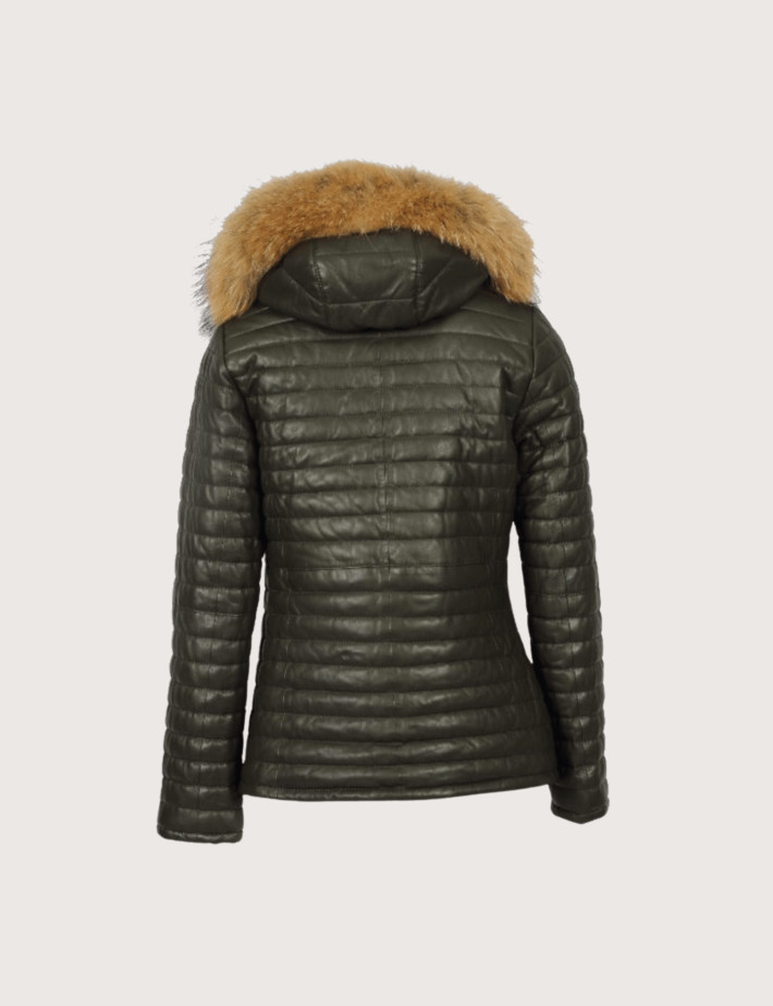OAKWOOD Doudoune en Cuir Femme Fourrure Mandy Kaki Foncé - 3