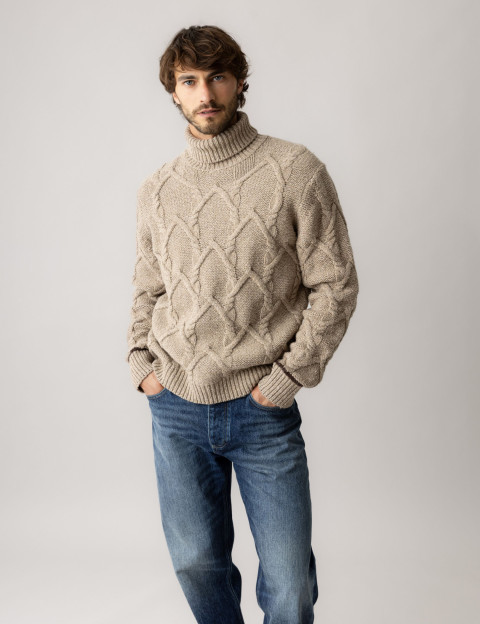 MOS MOSH Pull Homme Col Roulé Barnie Torsadé Beige