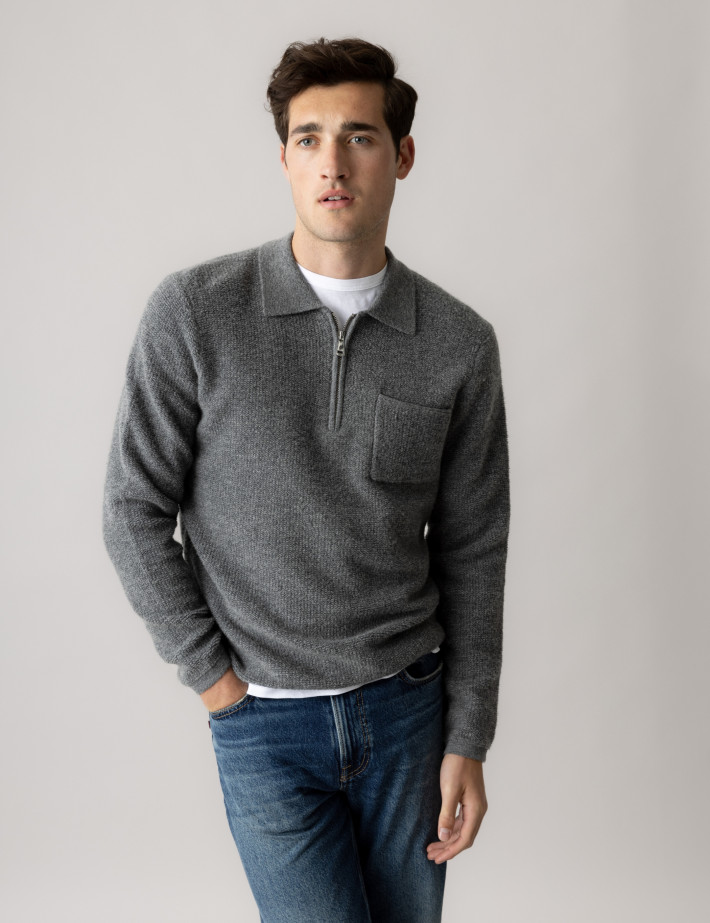 MOS MOSH Polo Homme Manches Longues Ryan Gris Chiné