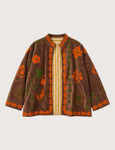 Mamouchka Veste Femme Sali en Velours Brodée à Motifs Floraux Marron