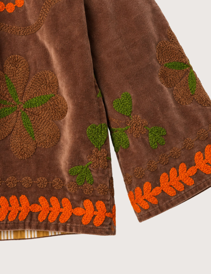 Mamouchka Veste Femme Sali en Velours Brodée à Motifs Floraux Marron - 2