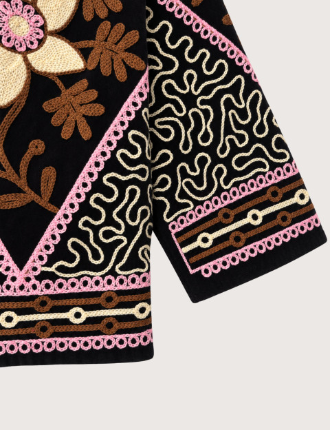 Mamouchka Veste Femme Sali en Velours Brodée à Motifs Floraux Noir - 2