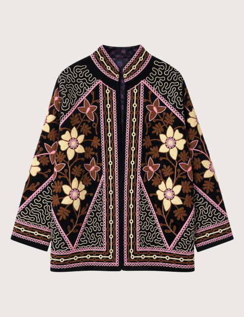 Mamouchka Veste Femme Sali en Velours Brodée à Motifs Floraux Noir
