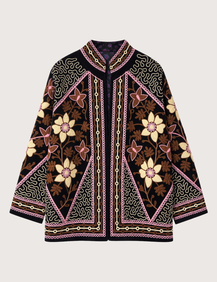Mamouchka Veste Femme Sali en Velours Brodée à Motifs Floraux Noir