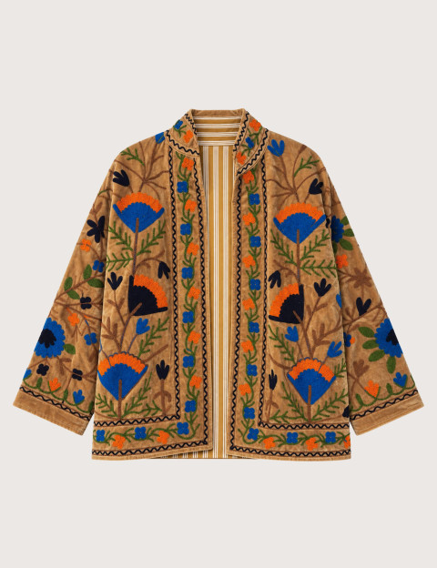 Mamouchka Veste Femme Sali en Velours Brodée à Motifs Floraux Camel