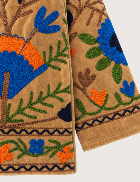 Mamouchka Veste Femme Sali en Velours Brodée à Motifs Floraux Camel - 2